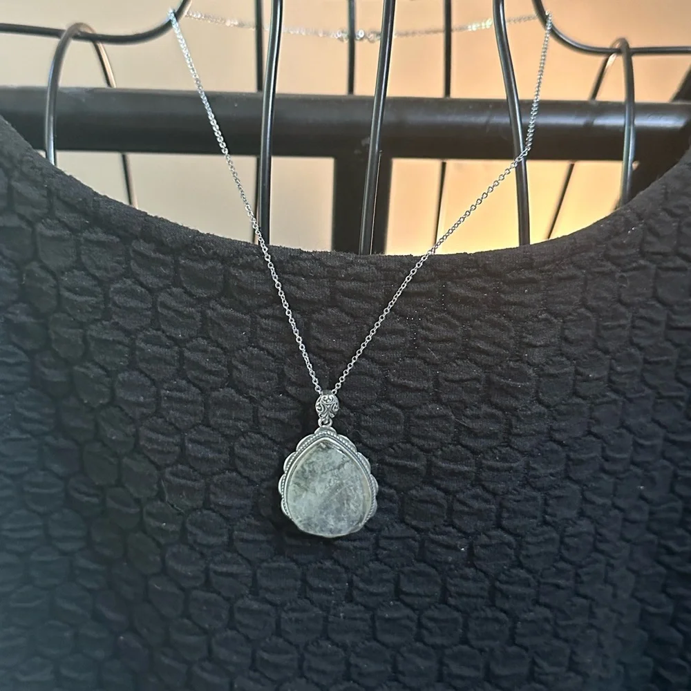 Dendritic Agate Teardrop Pendant in Silver 925 Setting on Silver 925 Chain - Picture 14 of 16